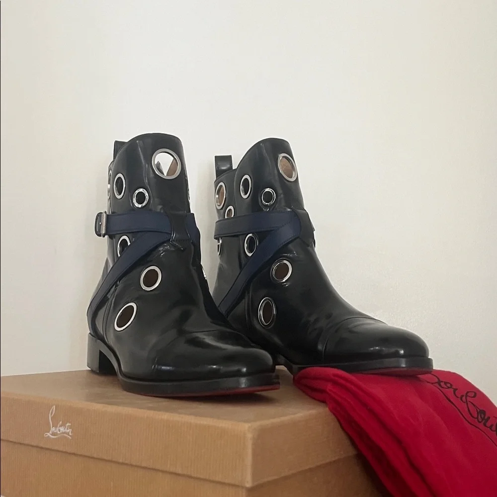 Christian Louboutin Black Patent Leather Eyelet Ankle Boots with Navy Strap